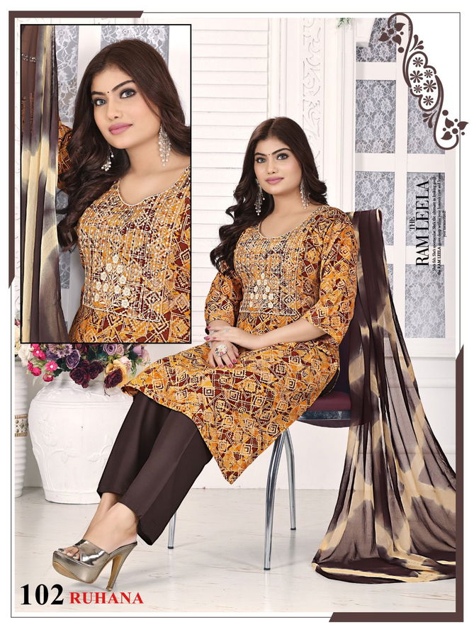 Ruhana Vol 2 By Fashion Talk Rayon Procaine Printed Kurti With Bottom Dupatta Wholesale Online
